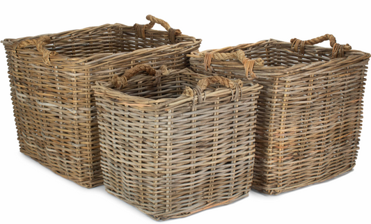 Square Grey Rattan Log Basket Set 3